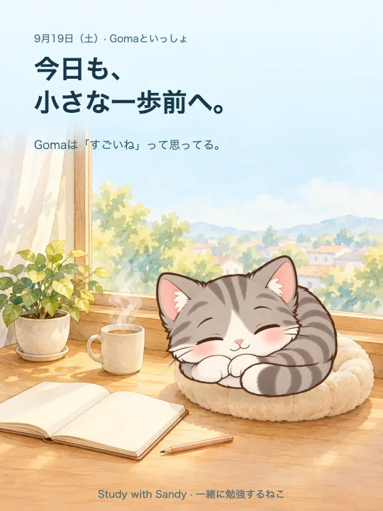 勉強カード：日ざしの入る窓辺で眠るサバトラの Goma。「今日も、小さな一歩前へ。Gomaは「すごいね」って思ってる。」