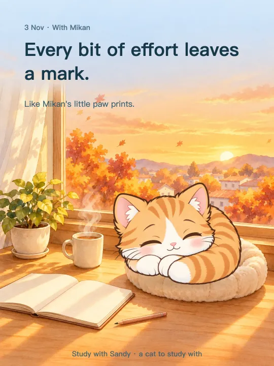 Study card: Mikan the orange tabby asleep by the window at an autumn sunset. It reads: Every bit of effort leaves a mark. Like Mikan's little paw prints.