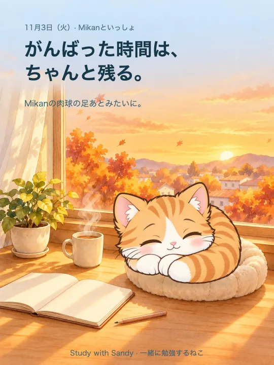 勉強カード：秋の夕暮れの窓辺で眠る茶トラの Mikan。「がんばった時間は、ちゃんと残る。Mikanの肉球の足あとみたいに。」