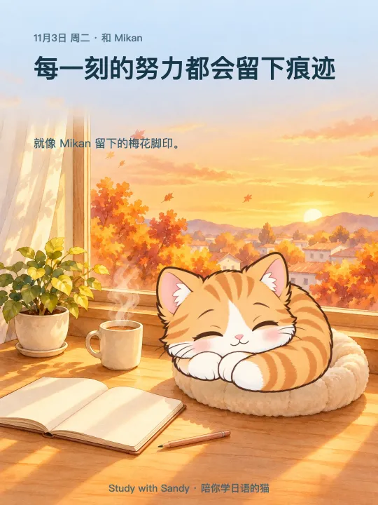 学习小卡片：秋日黄昏的窗边，橘猫 Mikan 睡着了。卡片上写着：每一刻的努力都会留下痕迹。就像 Mikan 留下的梅花脚印。