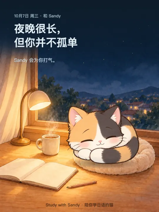 学习小卡片：深夜的台灯下，三花猫 Sandy 睡着了。卡片上写着：夜晚很长，但你并不孤单。Sandy 会为你打气。