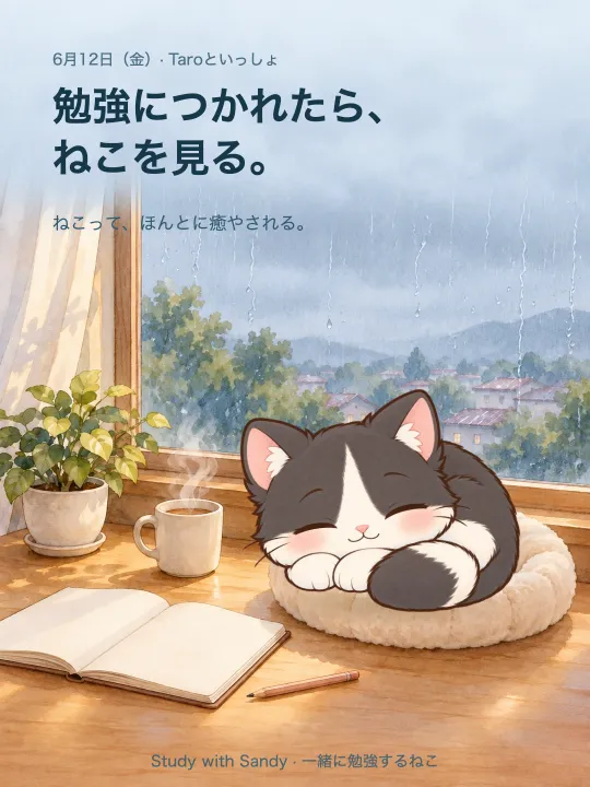 勉強カード：雨の午後の窓辺で眠るハチワレの Taro。「勉強につかれたら、ねこを見る。ねこって、ほんとに癒やされる。」
