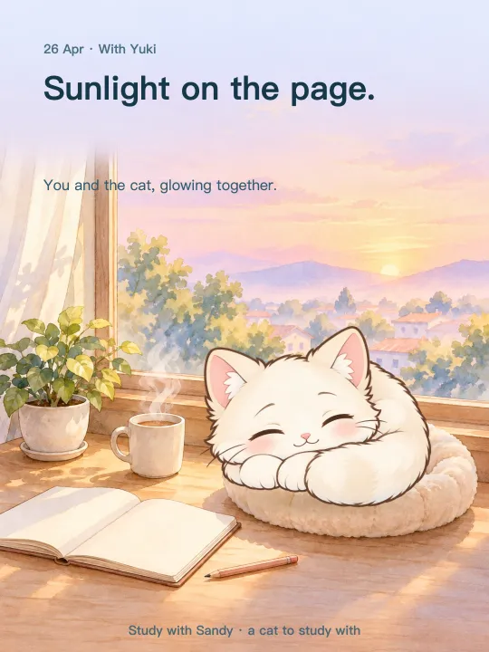 Study card: Yuki the cream-white cat asleep by the window in the early morning. It reads: Sunlight on the page. You and the cat, glowing together.