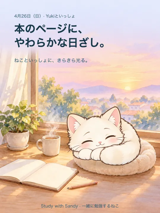 勉強カード：朝の窓辺で眠る白猫の Yuki。「本のページに、やわらかな日ざし。ねこといっしょに、きらきら光る。」