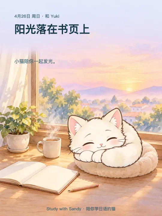 学习小卡片：清晨的窗边，白猫 Yuki 睡着了。卡片上写着：阳光落在书页上。小猫陪你一起发光。